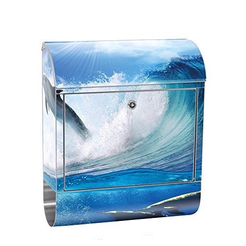 Buzón de liwwing de acero inoxidable con diseño y compartimento para el periódico, con compartimento para periódicos, diseño XXL, buzón de pared, delfín mar, ola, gotas de sol, agua, n.º 0531