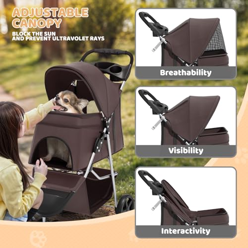 Image of Magshion 3-Wheel Pet Stroller, Foldable Travel Jogger for Small & Medium Dogs & Cats (Up to 33lbs), Lightweight Carrier with Breathable Mesh Cover, Cup Holder & Storage Basket, Coffee