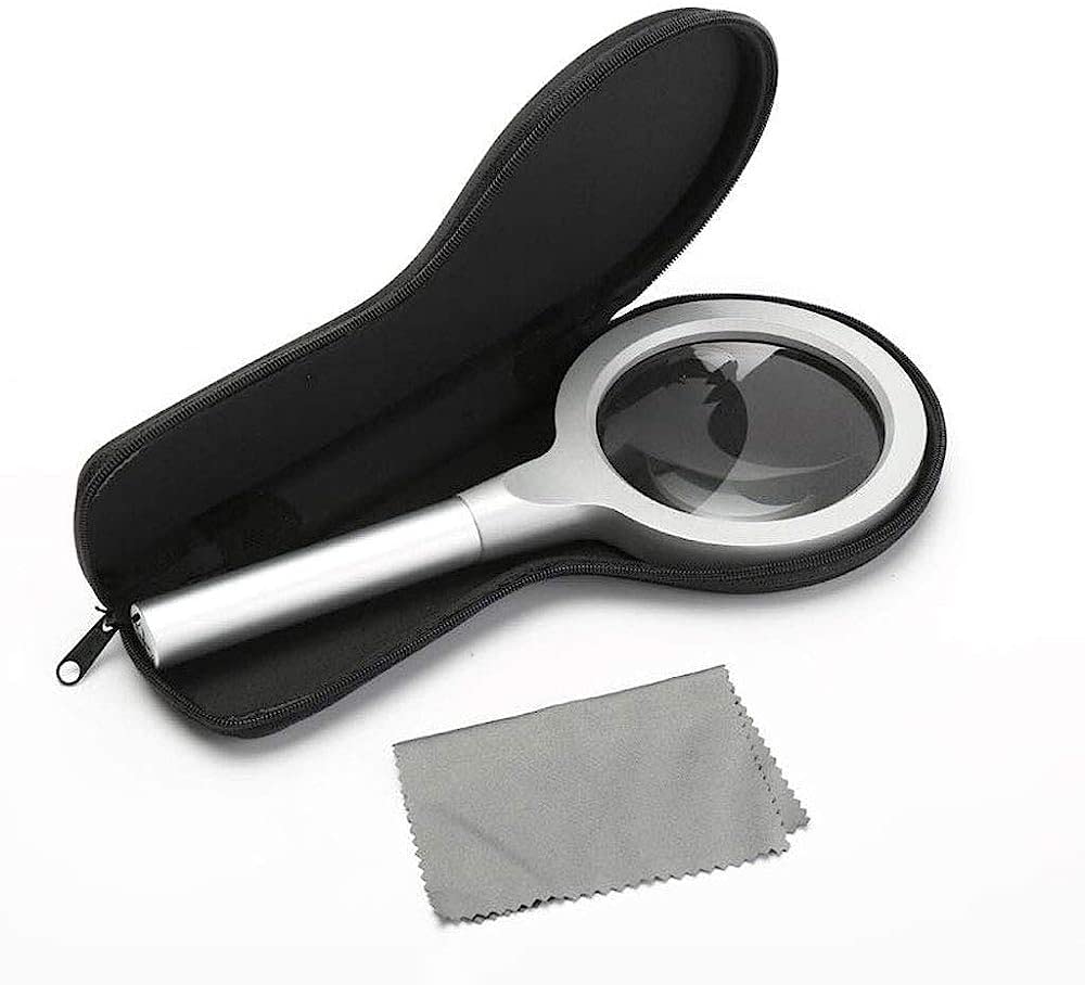 Leselupe, Handlupe mit Ganzmetallgehäuse, LED-Lampe und Staubbeutel