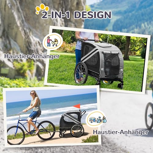 PawHut 2-in-1 Hundeanhänger & Hundebuggy, Hundefahrradanhänger Fahrradanhänger, Hundewagen mit Reflektoren für Mittelgroße Hunde bis 20 kg, Oxford-Gewebe, Grau