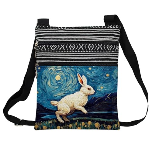 Starry Sky Bunny Messenger Bag Small Ethnic Pattern Printed Adjustable Strap Crossbody Zipper Pouch Starry Sky Bunny Phone Organizer Wallet Cute Shoulder Handbag for Women