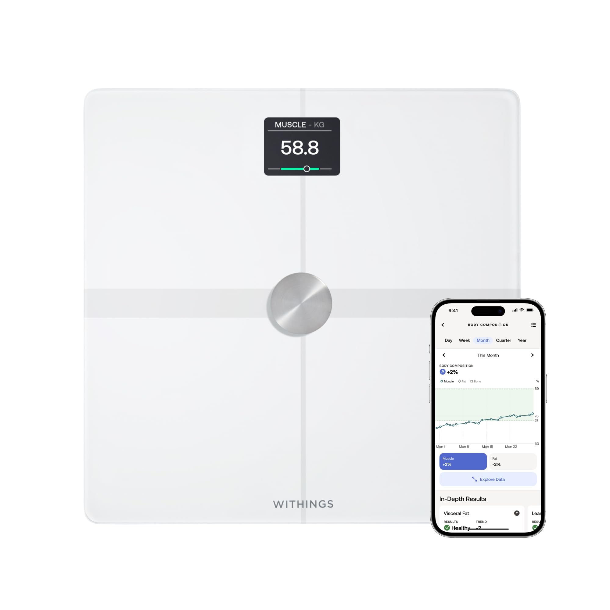 Withings Body Smart - Bascula de baño con Composición Corporal Avanzada (Peso, Grasa Corporal, Músculo, Masa Ósea, Agua, Índice de Grasa Visceral), balanza peso corporal WiFi, hasta 8 usuarios