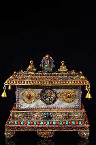 14" Tibetan Temple Collection Tibetan Silver Gilt Gem Dzi Beads Wind Chimes Buddha Statue Four-Armed Guanyin Buddhist Niche Town House Exorcism #TOP3