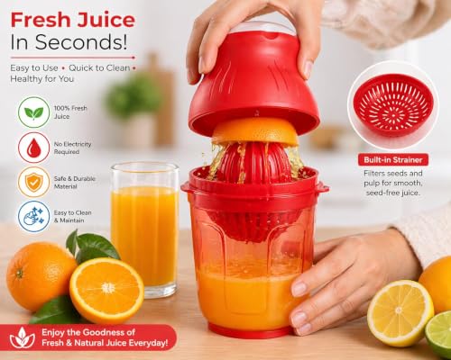 Image of Premium Manual Citrus Juicer with Strainer | Lemon Squeezer & Orange Juicer | Hand Press Juicer with Seed Separator & Juice Collector Bowl | Easy to Use Kitchen Tool (Red)