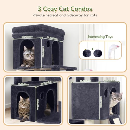 Image of Globlazer Heavy Duty Cat Tree for Indoor Cats Large Adult, F52B, Dark Grey | 3 Condos, Extra-Large Baseboard, Removable Top Perch, 4 Sisal Posts & Board, Hanging Basket, Anti-Topple Strap, Easy Setup