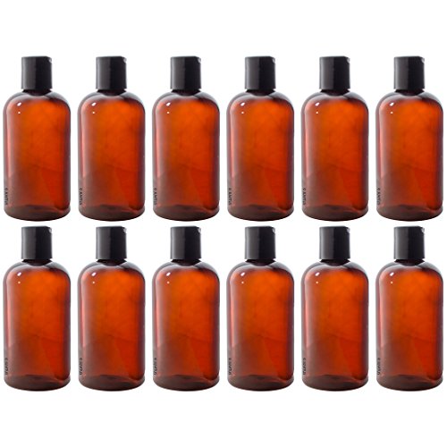 JUVITUS 8 oz Amber Boston Round PET Plastic Bottles (BPA Free) with (12 pack) (Black Disc Cap)