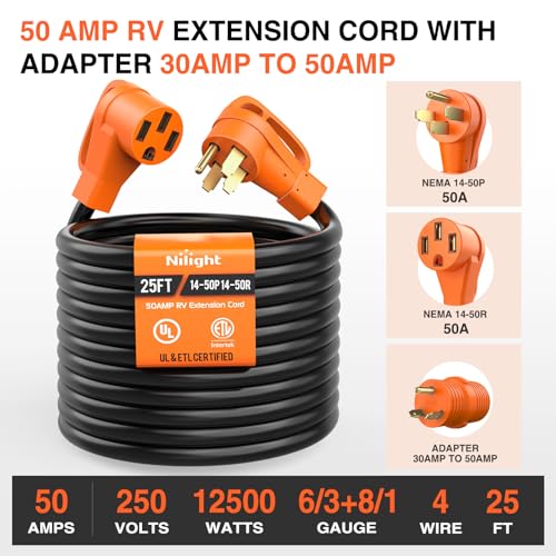 Image of Nilight 25FT 50 Amp RV Extension Cord with Adapter 30Amp to 50Amp 250V Heavy Duty 6 /3+8 /1 Gauge Pure Copper STW Wire UL ETL Listed 4 Prong 14-50P 14-50R Weatherproof Suit for Generators Camper