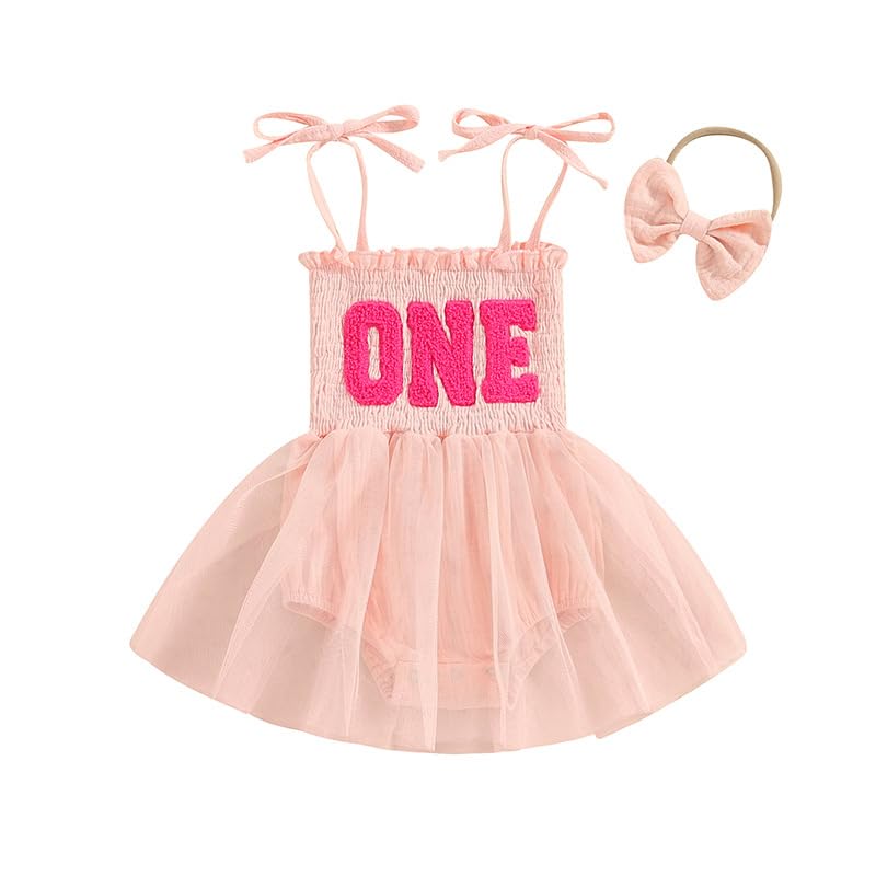 Baby Girls 1st Birthday Outfit Embroidered Letter Ruffle Bodysuit Romper Tutu Dress with Headband Backless Sleeveless Smocked Bodice Princess Cake Smash Clothes for Photo Shoot Pink One 12-18 Months