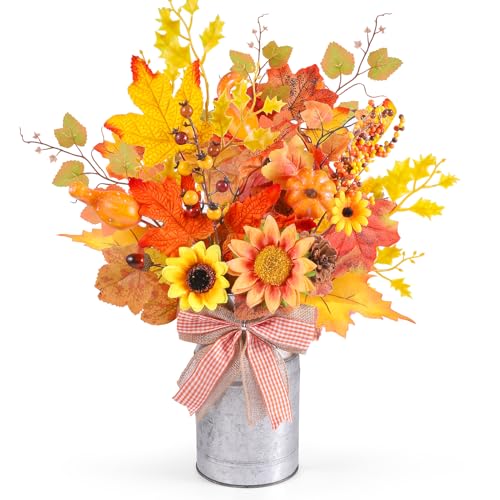 15.7" H Fall Farmhouse Centerpiece Rustic Metal Vase with Artificial