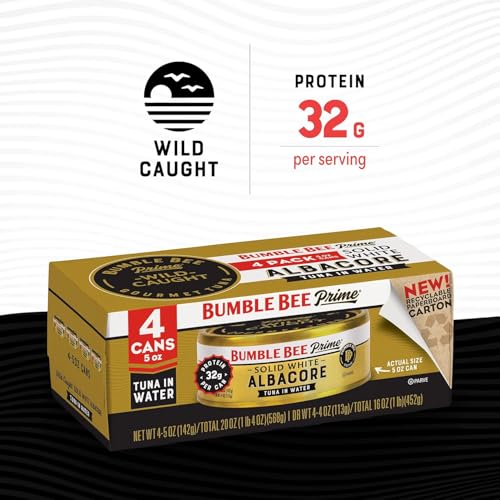 Image of Bumble Bee Prime Solid White Albacore Tuna in Water, 5 oz Easy Open Cans - Premium Wild Caught Tuna - 32g Protein per Serving - Non-GMO Project Verified, Gluten Free, Kosher, (Pack of 8)