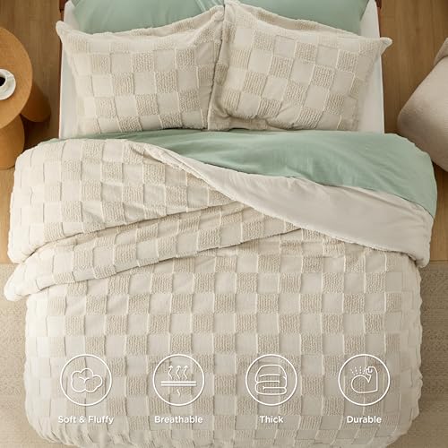 Image of Bedsure King Size Comforter Set Emerald, Boho Tufted Bed Set, Checkered Farmhouse-Style Distressed Vintage Bedding, 3 Pieces, 1 Plaid Geometric Comforter and 2 Pillow Shams