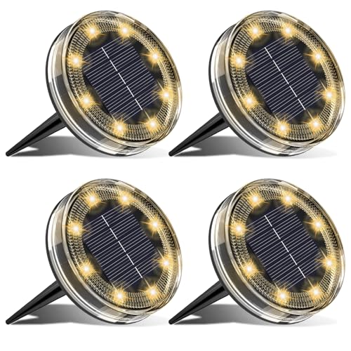 LOTMOS 4 Paquetes Luces Solares LED Exterior Jardin Suelo, 8 LED Impermeable Luz Solar Exterior Jardín, Lamparas Solares Suelo Camino, Terraza, Patio, Césped, Blanco Cálido