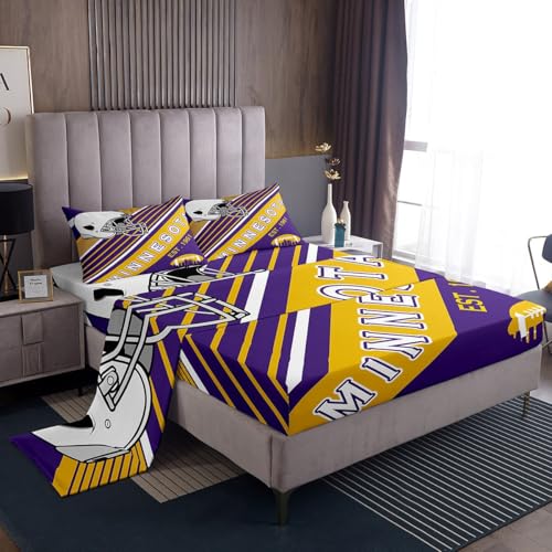 Erosebridal Football Fans Gifts Sheets, American Football City Themed Full Sheet Set, Rugby Sports Game Bed Sheets Set Graffiti Geometry Striped Bed Set 4 Pieces, Purple and Yellow(Minnesota)