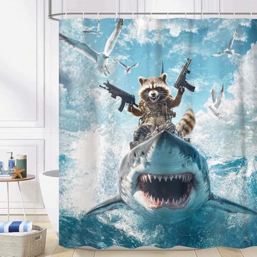Image of Funny Kids Shower Curtain, Cool Raccoon Riding Shark Ocean Shower Curtains for Bathroom, Fun Nautical Animal Fabric Bathroom Accessories Decor Curtain, with Hooks 72x72 Inch
