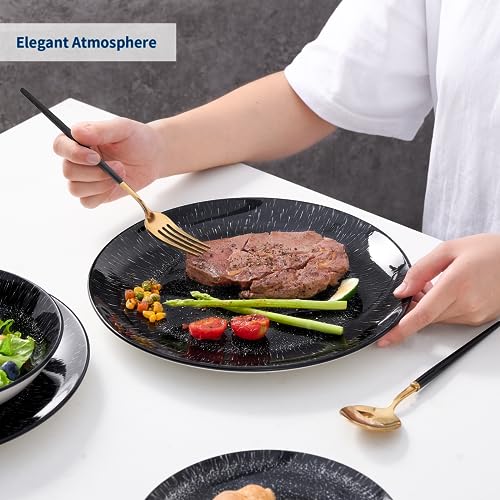 Image of Bestone 12-Piece Round Porcelain Dinnerware Set, Service for 4, Chip Resistant Plates and Bowls,Black, Dishwasher & Microwave Safe for Home Daily Use