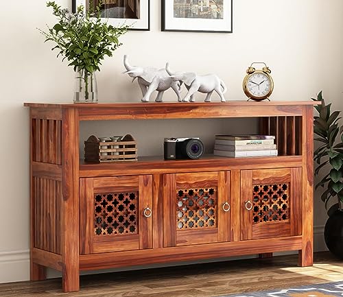 Image of Wooden Sideboard Cabinet with Storage Doors | Modern Console Table for Living Room, Dining Room & Entryway | Multipurpose Buffet Cabinet (Honey Finish)