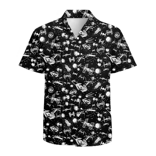 Black Spaceships Mens Funny Hawaiian Shirts 3D Graphic Button Down Short Sleeve Tropical Holiday Beach Aloha Shirt