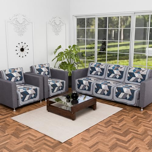 Image of Kuber Industries Set of 10 Velvet Anti-Skid Sofa Cover 5-Seater | Comfortable Slipcover Sofa Cloth & Furniture Protector for Home Decor | Triangular-Grey & Blue