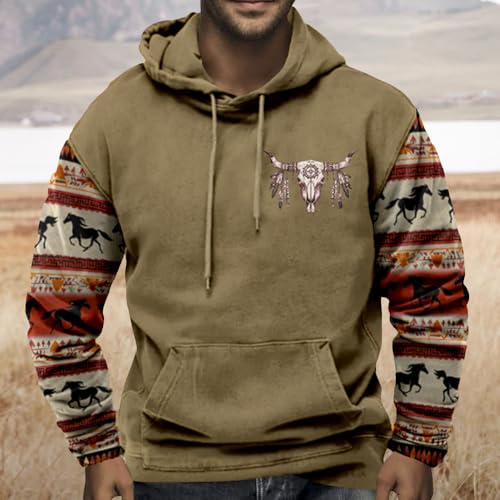 Bengbobar Mens Aztec Hoodie Western Hoodies Cowboy Hooded Sweatshirt Long Sleeve Bull Print Drawstring Pullover with Pocket2