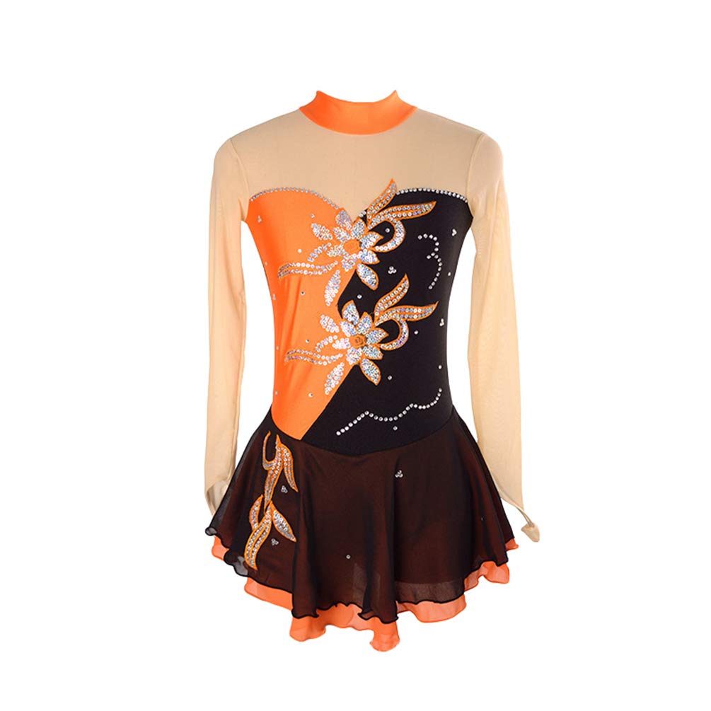 Eiskunstlaufkleid Frauen Mädchen Eislaufkleid Royal Chemical Fiber Mischung Nylon Material Handgefertigte feine Bohrer Schwarz Orange L
