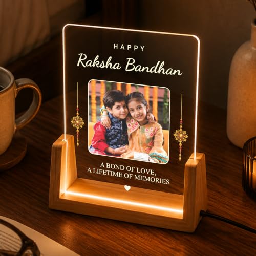 Image of Giftplease Personalized Raksha Bandhan LED Acrylic Photo Frame with Custom Picture and Message, Wooden USB Night Lamp, Brother Sister Festival, Rakhi, Rakshabandhan, Table Decor, Engraved Memory Keepsake