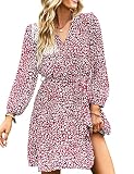 MAYFASEY Damen Wickelkleid mit V-Ausschnitt, Blumendruck, Rüschen, Langarm, Mini-Freizeitkleid mit Gürtel, Rot, S