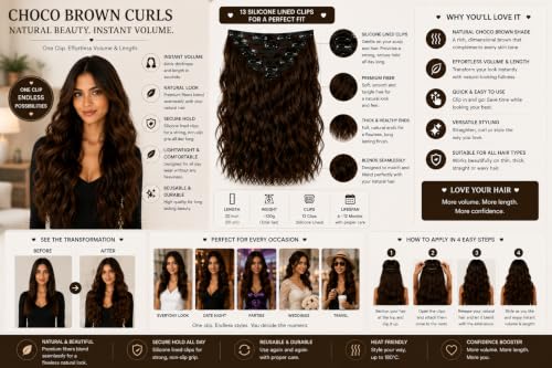 Image of Salon-Grade CHOCOLATE BROWN Curly /Wavy Clip-in Extensions - 6PCS Synthetic Hair Volumizer with 13 Secure Clips for Instant Volume & Realistic Blend