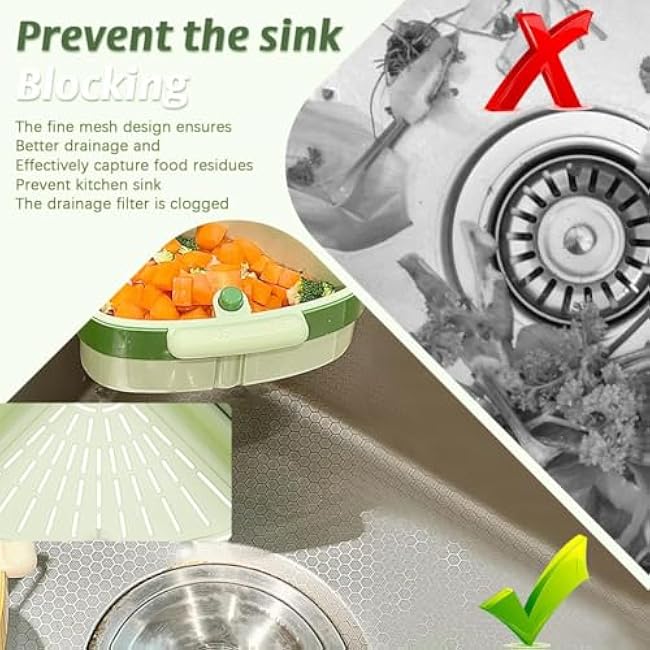 Suction Cup Sink Corner Rack, 2025 Upgraded Self-Cleaning Sink Strainer Basket, Removable Food Waste Catcher with Drain Hole, Say Goodbye to Gross Food Scraps and Smelly Sinks (Green)