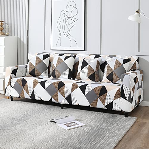 Image of HOKIPO Elastic Stretchable 4 Seater Sofa Cover, Grey Brown Geometric (AR-4096-D9)