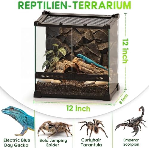 NEPTONION 12"x8"x12" Reptile Terrarium, Double-Door Glass Arboreal Vivarium for Small Climbing Lizards Such as Juvenile Agamas, with Lock, Cable Port & Waterproof Deep Base Below Front Doors