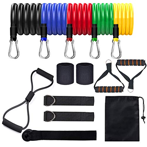 Widerstandsband Set mit 5 Fitnessbänder 2 Schaumstielen, 2 Knöchelriemen, 2 wristbands, Übungsschnur, Türanker und Tragetasche, Resistance Bands für Krafttraining, Yoga Physiotherapie, Homefitness