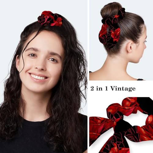 Image of Red Blooming Rose Flowers Black Working Cap with Scrunchy and Ribbon Tie for Women, Long Hair