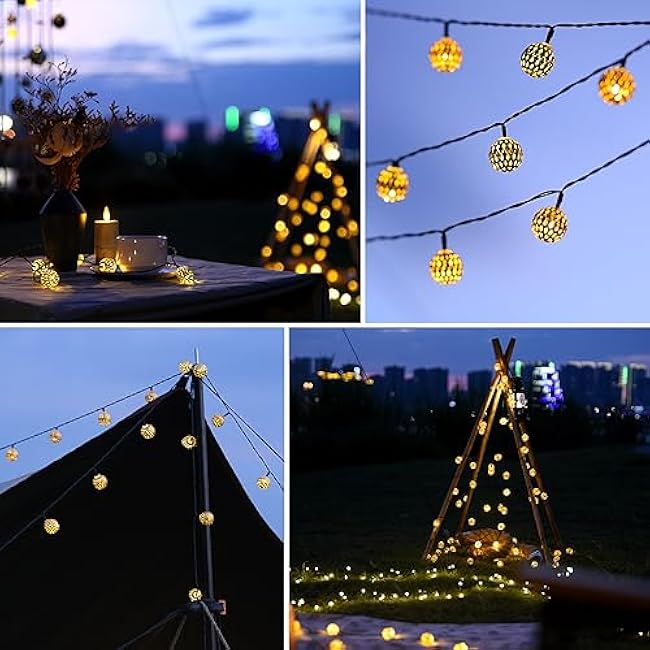 Moroccan String Lights Plug-in 60 LED 29ft Indoor Outdoor Waterproof 8 Modes Diwali Lights With Timer & Remote Control, Decorative Globe for Bedroom Christmas, Warm White