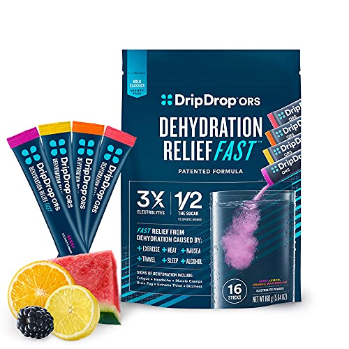 DripDrop ORS - Electrolyte Powder for Dehydration Relief Fast - for Workout, Hangover, Illness, & Travel Recovery - Watermelon, Berry, Orange, Lemon Variety Pack - 16 x 8oz Servings