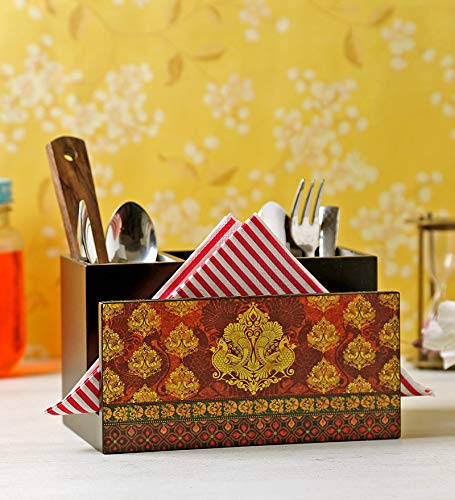 Image of Reinvention Factory Wooden Cutlery Holder I Countertop Organizer - Spoon Fork Knife Napkin Tissue Paper I Desk Supplies Pencil Pen Stationery Stand I Home & Kitchen I Size 7 inch X 5 inch X 4 inch I Anapakshi