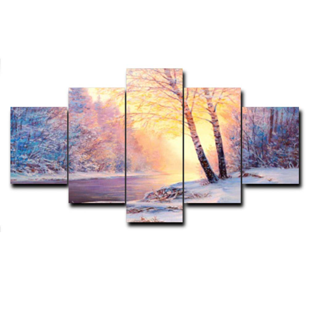 YYJHMK No Frame Winter Snow River Landscape 5 Pieces/Set Art Oil Painting Canvas Fabric Prints For Bed Living Room Wall Home Decor Photo 20x35 20x45 20x55cm
