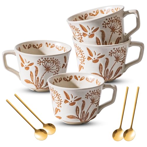 Ceramic Mugs 11 oz Unique Luxurious Cups Set of 4 with Premium Spoon, Mug for Coffee Milk Latte Cappuccino Tea, for Office Home Dishwasher Microwave Freezer Safe, Birthday Gift, Stoneware