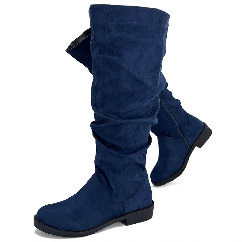 YING LAN Womens Wide Calf Knee High Boots Width Zipper Slouchy Low Heel Tall Boots