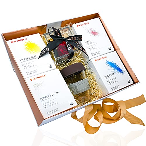 SECRETEA, CHERISH Luxury Tea Gift set | Handmade Preserved Rose Gift box | Four Flavors Premium Tea, 60 Counts | 12 OZ Reusable Glass Cup | Birthday Gifts | Gifts for Mom | Grandma | Business Gift