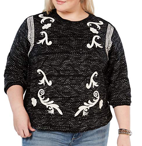 Lucky Brand Womens Plus Embroidered Long Sleeves Pullover Sweater Black 1X