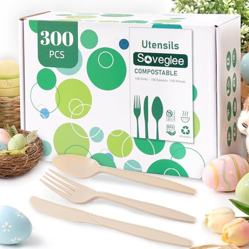 Compostable Utensils, Light Brown Plastic Silverware, Compostable Cutlery 100 Forks 100 Spoons 100 Knives, No Plastic Disposable Silverware, Eco Friendly Disposable Cutlery for Party Office Wedding