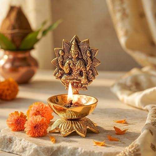 Image of Behoma 100% Pure Brass Laxmi Diya for Pooja Room | Lakshmi Idol for mandir | Maa Laxshmi Devi Decoration Item | Ideal for Housewarming, Wedding, Anniversary, Festival, Spiritual & Gift Purposes
