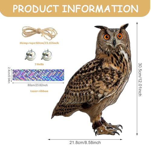 Espantapájaros de búho 2D de 30 cm en polipropileno impermeable con cascabel para huerto 3
