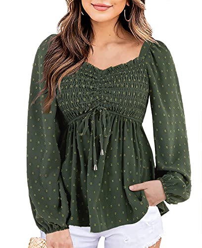 Imysty Womens V Neck Smocked Peplum Tops Balloon Long Sleeve Swiss Dot Ruched Blouses Shirt