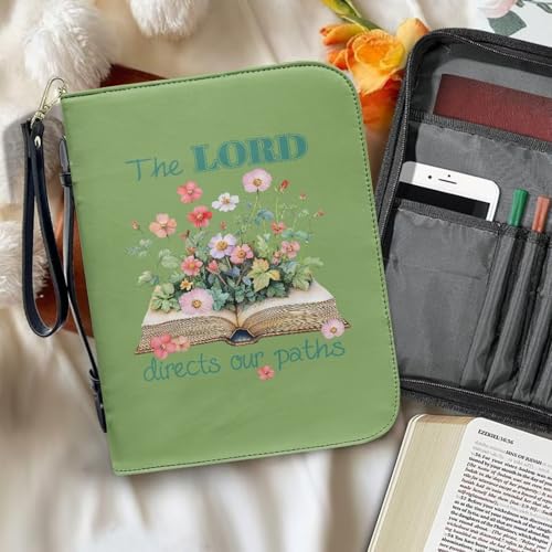 Green Bible Cover Case for Women Men, Leather Bible Tote Bags with Card Pockets Pen Slots Waterproof Lightweight Christian Tote Bag for Worship Pilgrimage2