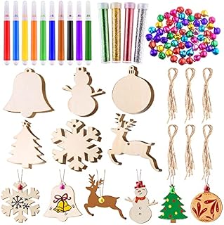 TUPARKA 60pcs Christmas Wooden Ornaments Unfinished Wooden Slices with Twine,Colorful Bells,Flashing Powder,Watercolor Pen for for Kids DIY Crafts Christmas Hanging Decoration