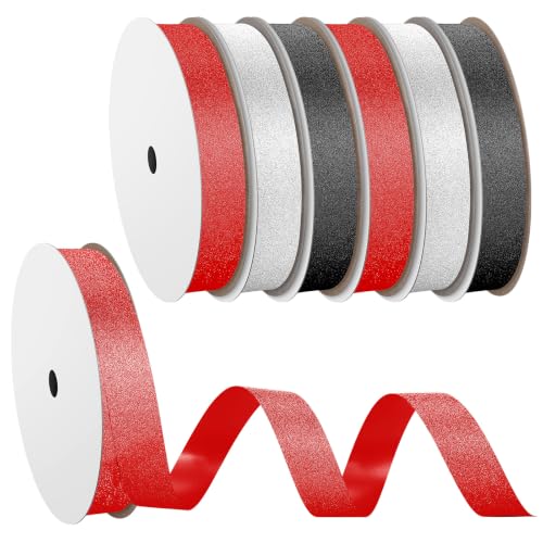 5/8in x 50yd Ribbon Diamond Dust Homecoming, Red,Black,Silver, 6 Rolls