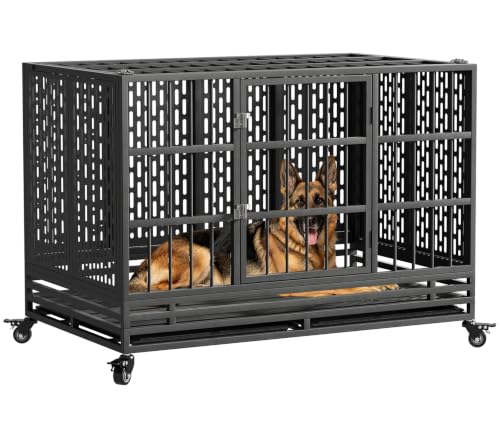 Snuowu 48 Inch Heavy Duty Dog Crate with Wheels, Folding Metal Big Dog Cage for Large and Medium...