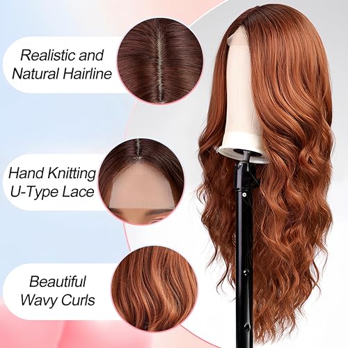 EMMOR Long Ginger Wavy Wig for Women Lace Front Wigs Auburn Natural Looking 26 Inch Middle Part Curly Wig Heat Resistant Synthetic Wigs for Daily Party Use - Image 3