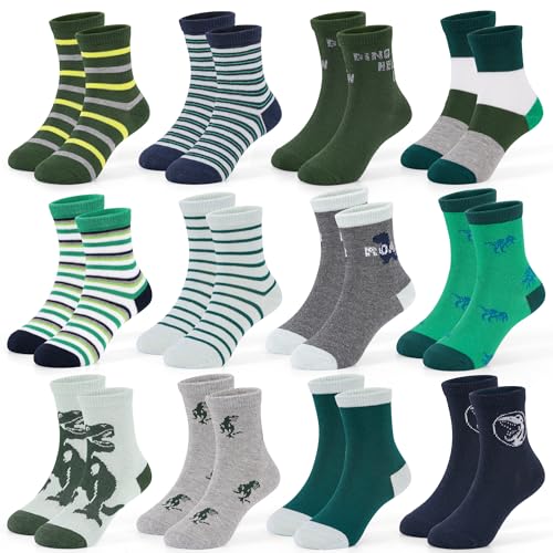 LAETBBE 12 Pairs Toddler Socks Boys Dinosaur Socks Kids Fun Cartoon Novelty Crazy Crew Sock for Children 3-5 Years Old